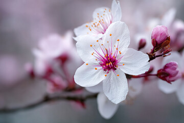 Fototapeta premium Close-up of white flowers with pink centers and dew drops, showcasing delicate petals and vibrant stamens, symbolizing springtime, purity, and renewal