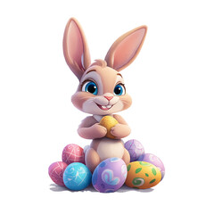 3D Cute Bunny Holding Easter Egg with Painted Eggs