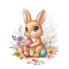 3D Bunny with Easter Egg in Hand and Painted Eggs