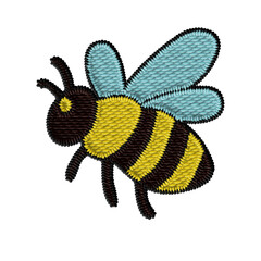 Bee clipart in serge embroidery style. A stitched yellow and black bee with blue wings, ideal for garden-themed designs, summer decor, floral patterns, and digital embroidery projects
