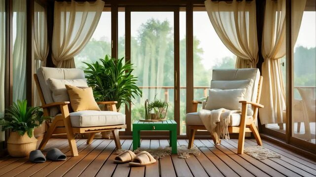 Inviting setup of a warm terrace space with a garden chair, pillows, bench, green coffee table, slippers, and personal touches.