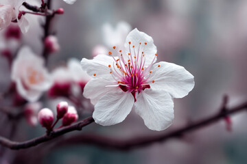 Obraz premium Close-up of single white flower blossom with pink center, delicate petals and orange stamens, showcasing spring bloom, fragility, and natural beauty