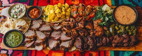 Fototapeta premium A vibrant platter filled with a variety of grilled meats, fresh vegetables, and colorful sides, showcasing a feast for any occasion, served on a traditional textile background.