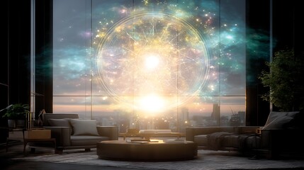 Obraz premium Portal Beyond Glass Illuminates Modern Luxury Home Interior with Cosmic Energy and City View.