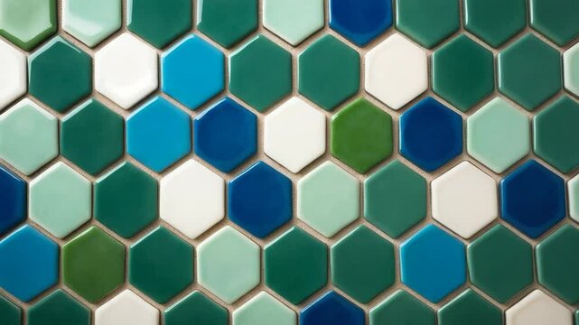 Stylish backdrop in blue, green, and white. Authentic tiles featuring a retro design. A lifelike array of squares. Ideal for layout arrangements.