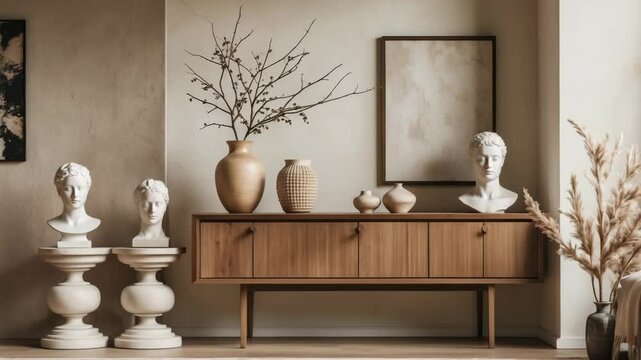Innovative arrangement of living room decor featuring a mock up poster frame, wooden console, a vase with branches, a sculpture, a white stool, carpet, and personal items.