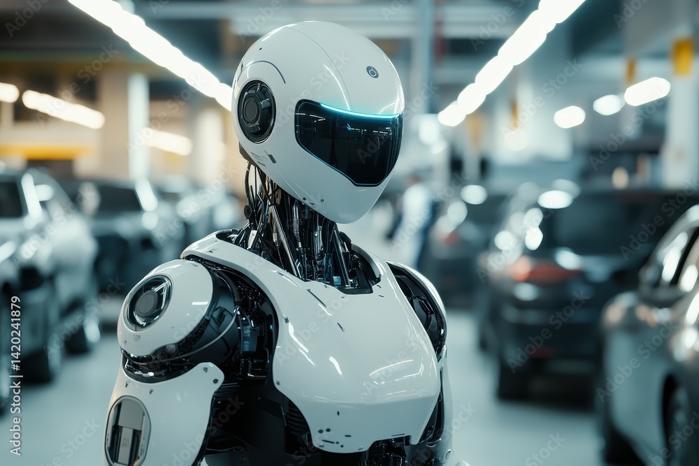Poster a futuristic car service center uses robotic assistants to perform routine checks, but one day, the 