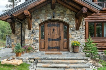 Double wooden doors framed by stonework and greenery. Rustic charm enhanced by natural textures and earthy tones. Symmetrical balance creates inviting atmosphere. Neural network AI generated