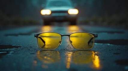 Eyewear for nighttime driving with yellow lenses and an antireflective coating to ensure safety in fog and darkness. Selective focus.