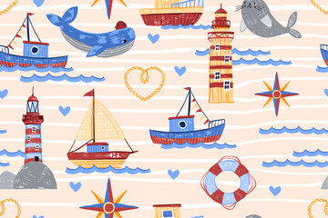 Sea boat seamless pattern, ship ocean kids texture, vector hand drawn nautical baby repeat print. Doodle yacht, lighthouse, cute whale, childish nursery linen textile cartoon background. Boat pattern © Oleksandra