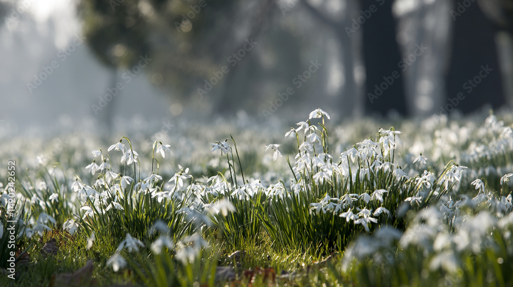 Poster close-up of snowdrop flowers in a field, creating a soft, textured image symbolizing spring, purity,