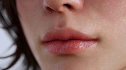 Naklejka premium Close-up view of a face focusing on full, luscious lips with soft skin tone