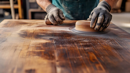 Carpenter sanding wooden surfaces for furniture. Featuring skill and attention to detail