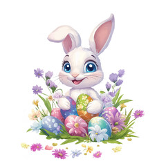 Cute Rabbit Holding Painted Egg with Easter Decorations