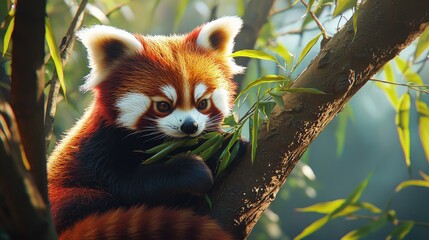 Red panda feasting on bamboo in a tree.