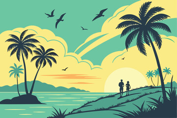 26 tropical sunset, beach silhouette, palm trees, ocean horizon, vibrant gradient sky, fluffy clouds, seagulls, peaceful atmosphere, vector art style, minimalist landscape, turquoise and yellow color 