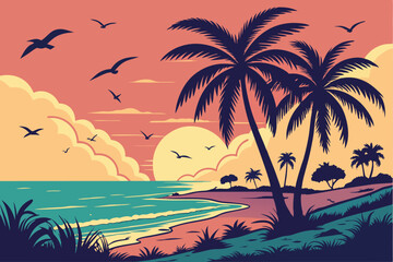 26 tropical sunset, beach silhouette, palm trees, ocean horizon, vibrant gradient sky, fluffy clouds, seagulls, peaceful atmosphere, vector art style, minimalist landscape, turquoise and yellow color 