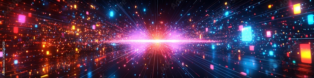Poster abstract cosmic tunnel: a hypnotic vortex of vibrant color and light illuminates the infinite expans