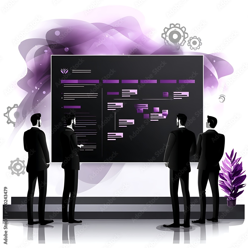 Poster project timeline review by businessmen in suits for strategic planning and implementation design.
