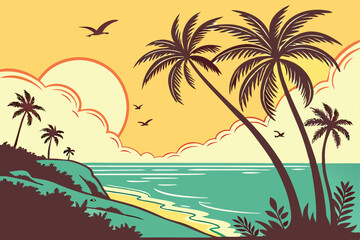 26 tropical sunset, beach silhouette, palm trees, ocean horizon, vibrant gradient sky, fluffy clouds, seagulls, peaceful atmosphere, vector art style, minimalist landscape, turquoise and yellow color 
