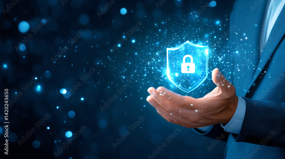 Poster a well-dressed individual holds a bright, luminous shield symbolizing digital security. the setting 