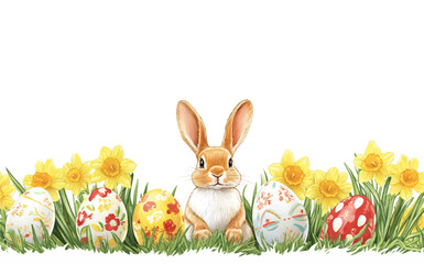 Cute Bunny with Easter Eggs, Grass and Flowers