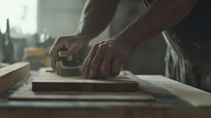 Carpenter using a table saw to cut wood pieces in a workshop. Featuring power and precision