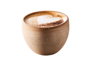 A Heartfelt Morning Ritual: Cappuccino in a Unique Wooden Cup, a Symphony of Flavors and Textures on a Minimalist Black Backdrop.