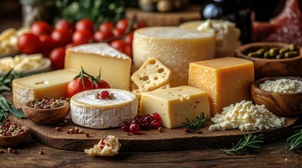 Cheese selection on wooden board with herbs, tomatoes, olives