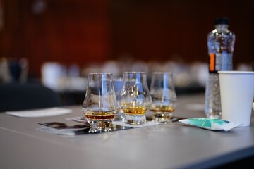 Enjoying fine whiskey samples at a tasting event in an elegant setting