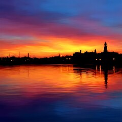 Naklejka premium Radiant Cityscape Silhouette Reflected in Calm Waters During a Vivid Sunset with Orange and Blue Hues.