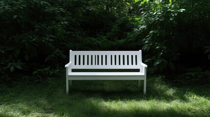 White park bench in a lush green garden