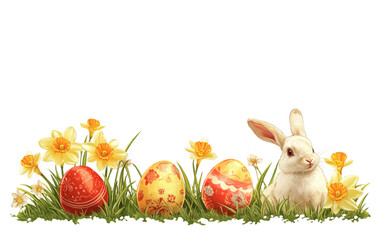 Spring Bunny and Easter Eggs in Floral Grass Scene
