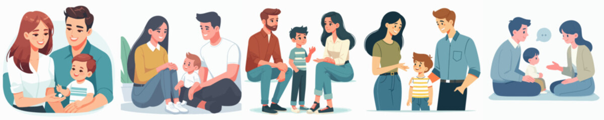 Collection of vectors of mothers and fathers talking to their children