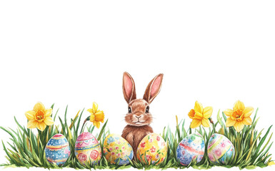 Illustration of Easter Bunny with Colorful Eggs and Floral Grass