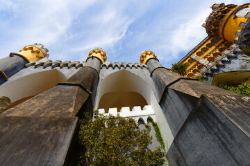Famous historic Pena palace part of cultural site of Sintra in Portugal. its eclectic mix of architectural styles and influences. The construction took place between 1842 and 1854