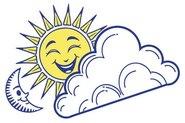 28 Stylized weather icon, bright yellow sun, white fluffy cloud, blue outline, minimalist design, cheerful, partly cloudy day, vector graphic, clean lines, simple shapes, meteorology symbol, sunburst 
