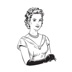 Vintage Woman Clip Art in Retro Style (Black and White)