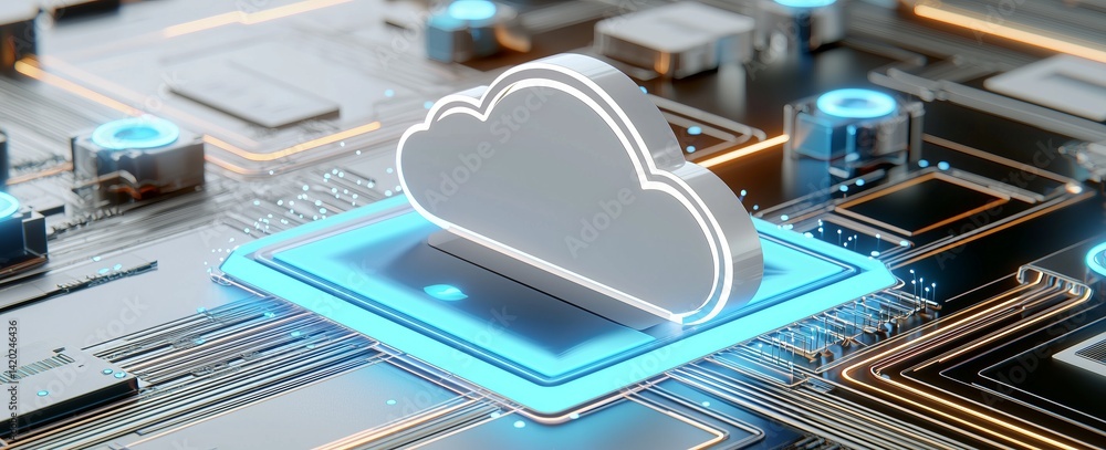 Poster a digital circuit board featuring a glowing cloud icon, representing cloud technology and data stora