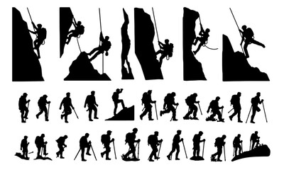 Big set of mountaineer climber hiker people, vector silhouette collection