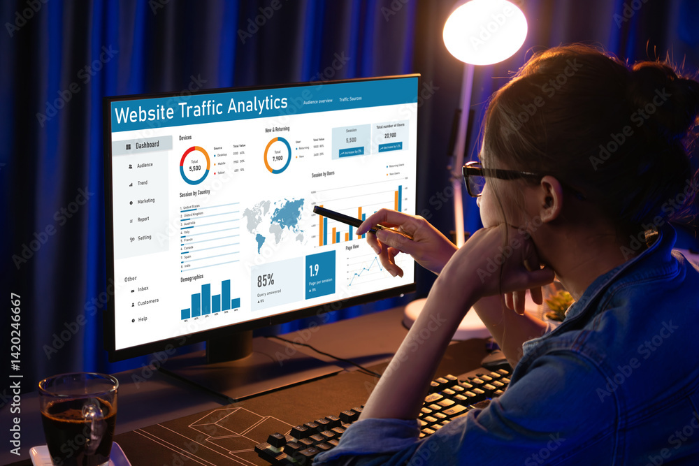 Poster computer software for website traffic analytics data on computer screen. concept of seo search engin