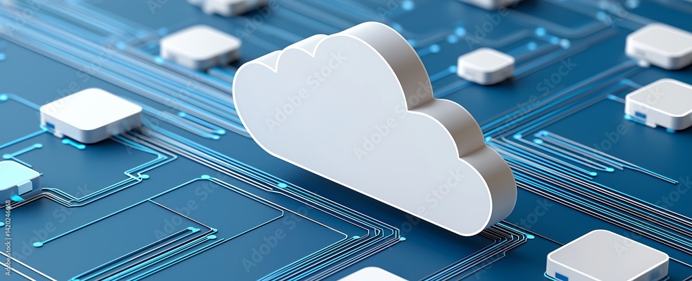 Poster a 3d cloud icon representing cloud technology, surrounded by digital circuits on a blue background. 