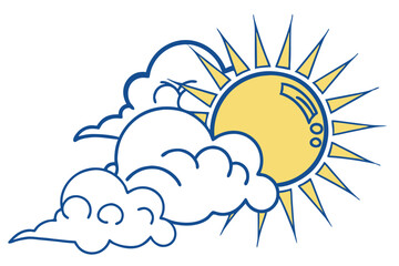 28 Stylized weather icon, bright yellow sun, white fluffy cloud, blue outline, minimalist design, cheerful, partly cloudy day, vector graphic, clean lines, simple shapes, meteorology symbol, sunburst 