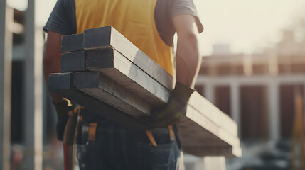 Construction worker carrying construction materials on a site. Featuring strength and efficiency