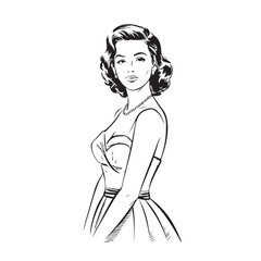 Vintage Woman Clip Art in Retro Style (Black and White)