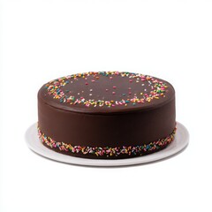 A chocolate cake decorated with sprinkles and icing isolated on a white background..