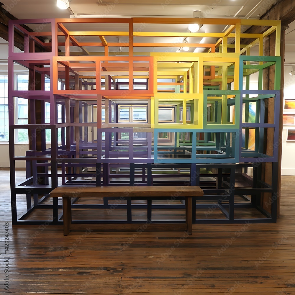 Aufkleber rainbow rectangles abstract art installation interior space with bench seating display structure.