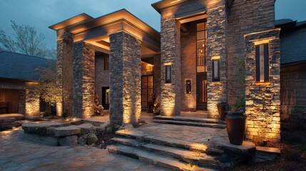 Fototapeta premium Luxury exterior with layered lighting and stone columns 