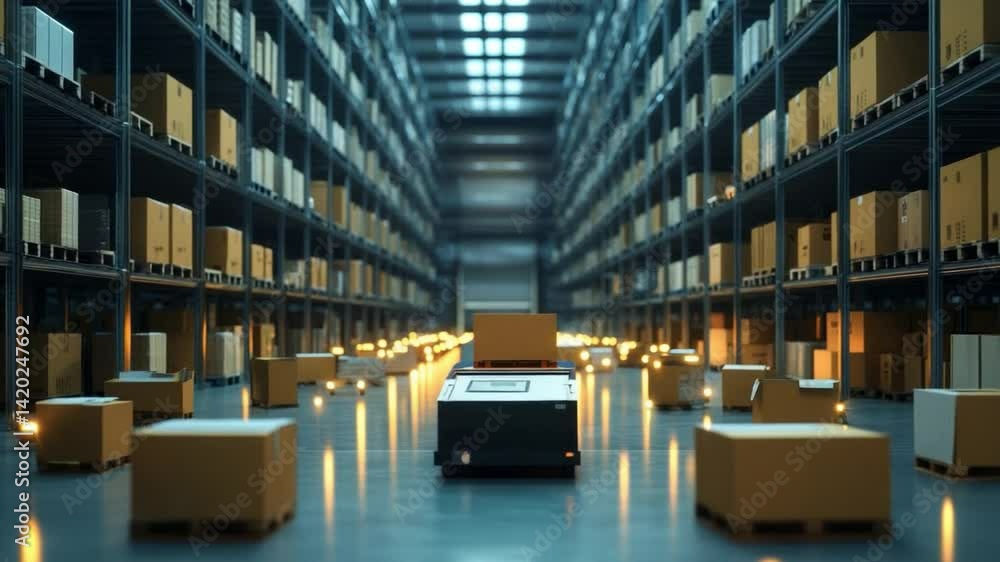 Poster warehouse automation: the image captures a futuristic automated warehouse scene, highlighting the ef