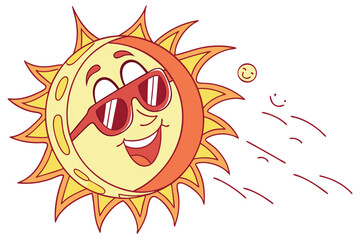 29 Cartoon sun character, oversized red sunglasses, smiling face, orange and yellow gradient, spiky sun rays, cheerful expression, summer vibes, white background, vector art style, playful design, vib